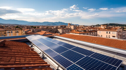 Illustration of a photovoltaic elements integrated an a roof of a building in an european city, sustainable green engergy, ai-generatet