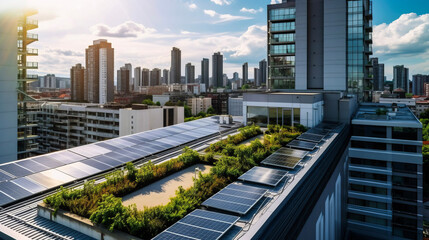 Illustration of a photovoltaic elements integrated an a roof of a building in an north american city, sustainable green engergy, ai-generatet