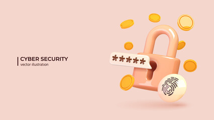 Data protection, safety, encryption, protection, privacy concept. Realistic 3d design of padlock, lock with password. The personal data protection. Vector illustration in cartoon minimal style.