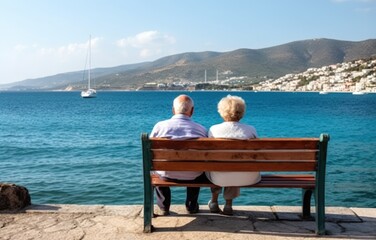 Wall Mural - Title: Loving the elderly couple sitting on a benchl facing the sea.  Generative AI