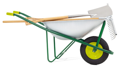 Wall Mural - Wheelbarrow with rake and spade, isolated on white background. Gardening equipment tool for vegetable garden work, farming or planting. Spring concept, banner for online shopping