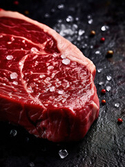 Salted raw marbled beef steak. Close-up photo on dark background.