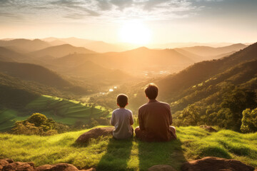 father and son looking at magnificent natural scenery, generative ai