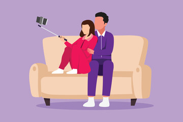 Wall Mural - Cartoon flat style drawing man and woman take selfie on smartphone with monopod. Happy couple seat on sofa, making photo together on mobile phone with selfie stick. Graphic design vector illustration