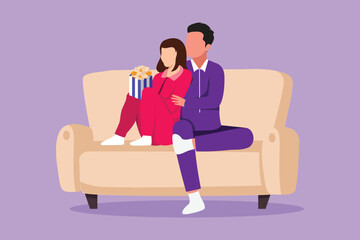 Wall Mural - Cartoon flat style drawing romantic couple at home resting on couch watching movie and eating popcorn. Domestic relax evening. Happy man and cute woman on cozy sofa. Graphic design vector illustration