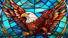 Stained Glass Window, Eagle With USA American Flag Patriotic Background. Vibrant Colors. AI Generated Image.