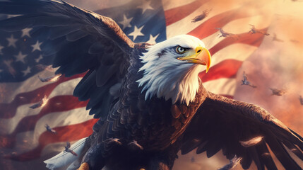 eagle with USA American flag patriotic background. Freedom, patriotism. AI generated image.