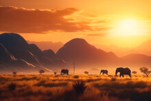 Elephants Walking By The Grass In Savannah. Beautiful Animals At The Backdrop Of Mountains At Sunset. Generative AI.