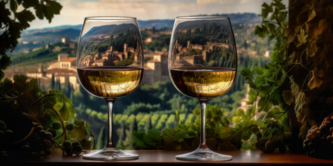 Two wineglasses filled with white wine. Vineyards and Italian village on the hills at backdrop in blur. Generative AI.