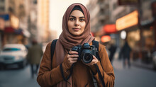 The Beauty Of Diversity: A Muslim Hipster Girl Traveler Capturing City Life With A Camera, Generative Ai