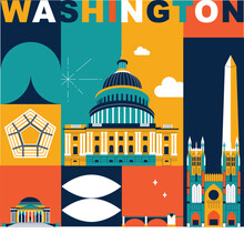 Typography Word "Washington" Branding Technology Concept. Collection Of Flat Vector Icons, Culture Travel Set Famous Architectural Specialties Detailed Silhouette. American Landmark Video Split Screen