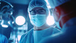 Male portrait of a surgeon and doctor in the operating room at work. A professor of doctoral sciences performs an operation against the backdrop of a hospital. Created with AI.