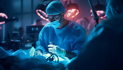 Male portrait of a surgeon and doctor in the operating room at work. A professor of doctoral sciences performs an operation against the backdrop of a hospital. Created with AI.