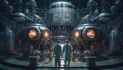 two engineers work on a nuclear power plant, an innovative steampunk lab. created with ai.