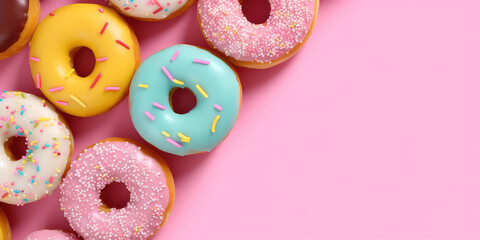 Top view of delicious vanilla doughnuts with colored glaze isolated on a flat pink surface background. Creative wallpaper with donuts. Generative AI professional photo imitation.
