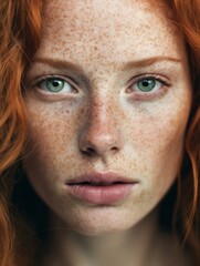 Wall Mural - closeup sensual portrait of a beauty redhaired woman with freckles, Beauty, fashion, skincare, cosmetics, wellness concept. Well-kept skin, fresh look, details. AI generative