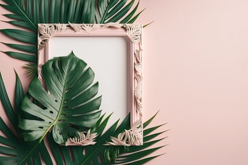 Poster - Palm leaves frame on a pink background with copy space. The view from the top. Generative AI