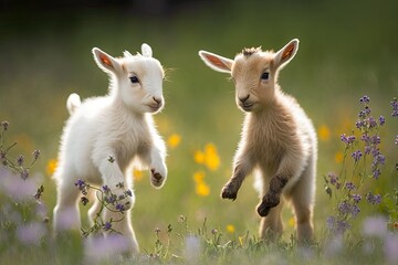 Wall Mural - In the countryside, two lovely baby goats are playing with flowers. A farms animals. Generative AI