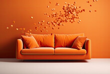 Lonely Sofa With Orange Pillows And Flying Red Flakes On The Background Of An Orange Wall, Created With Generative AI