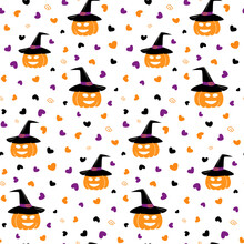 Seamless Pattern Of Halloween Smiling Pumpkin In A Witch Hat And Hearts Around In Trendy Shades. EPS
