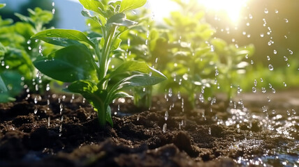 Watering plants and vegetables in the field, drip irrigation, close-up, Generated AI