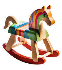 Wall Mural - Colorful Wooden Rocking Horse: Vibrant Rainbow Striped Kids' Classic Toy for Playtime and Decoration.