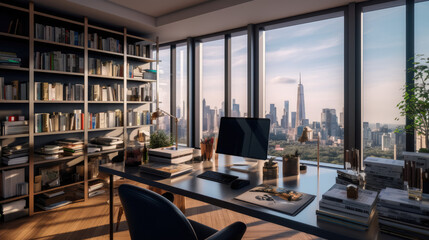 Wall Mural - An elegant and modern office space with a panoramic view of the cityscape Generative AI 