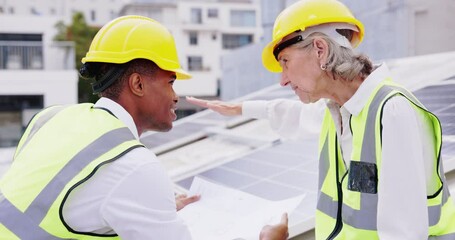 Aufkleber - Business, engineer and employees outdoor, documents and discussion for new project, planning and deadline. Staff, black man and woman with hard hat, conversation and maintenance with contractor