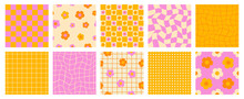 Retro Checkered Seamless Pattern Set. Colorful Vintage Aesthetic Pattern Set. Groovy, Funky, Trippy, Psychedelic, Floral, Hippie, 60s, 70s, Checkerboard, Distorted Grid Patterns. 