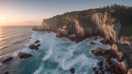 Wall Mural - An Illustration Of A Breathtaking View Of A Rocky Coastline At Sunset