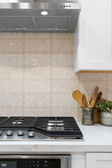 Wall Mural - encaustic tiled backslash behind an oven area and cabinets