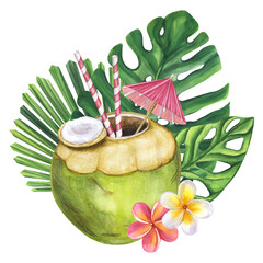 Cocktail green coconut straw umbrella beach drink. Monstera leaves, frangipani flowers. Hand drawn watercolor illustration isolated on white background. For bar restaurant menu logo