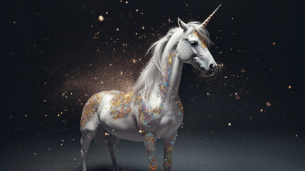  Majestic and Magical Unicorn Covered in Luminescent Glitter with Dramatic Background and Studio Lighting - Generative AI