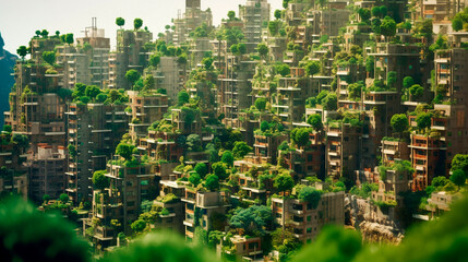 Splendid environmental awareness city with vertical forest concept of metropolis covered with green plants. Generative AI