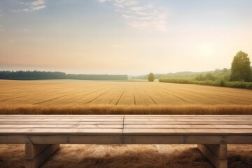 Wall Mural - Wooden desk space platform and farm of field background, Generative ai