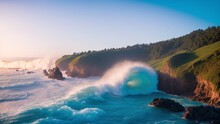 A Breathtakingly Daring View Of A Large Wave Breaking On A Rocky Coastline