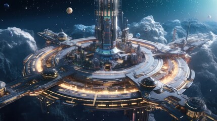 Wall Mural - massive space station orbiting a distant planet or a futuristic spaceport bustling with intergalacti