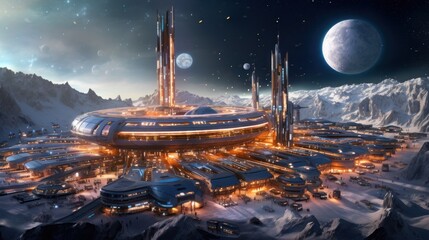 Wall Mural - massive space station orbiting a distant planet or a futuristic spaceport bustling with intergalacti