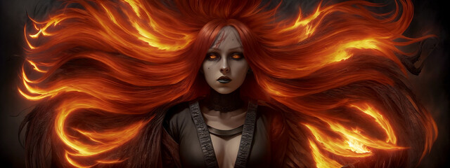 Woman with flaming flying red hair and fiery eyes in leather clothes on a dark background. Illustration with a frightening girl with a burning hairstyle. Generative AI