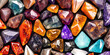 A lot of crystals and gemstones on a dark background. Natural minerals such as agate, amber, amethyst, quartz and others. A scattering of precious stones. Generative AI