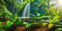 Jungle On A Sunny Day. Beautiful Tropical Rainforest Illustration With Exotic Plants, Palms, Big Leaves And Flowing Water. Bright Sunbeams. Background With Pristine Nature Landscape. Generative AI