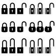 Various forms of padlock pictogram on white isolated background
