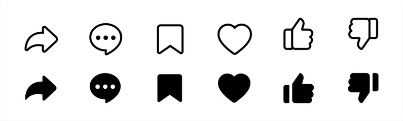 social media interface icon set in line style. like, unlike, comment, share, message, thumb and save simple black style symbol sign for apps and website, vector illustration.