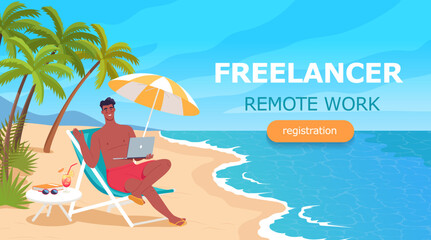 Wall Mural - Young man works remotely as a freelancer on a tropical island resourt
