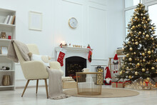 Living Room Interior With Beautiful Christmas Tree And Festive Decor