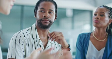 Poster - Meeting, teamwork and business people in discussion for planning, group project and proposal. Diversity, communication and man and women on digital tablet, documents and brainstorming in office