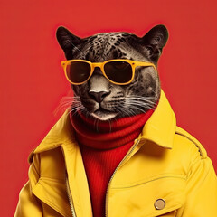 Wall Mural - a cat wearing sunglasses and a yellow jacket with a red scarf around it's neck, on a red background. Generative Ai