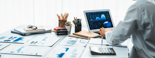 Poster - business intelligence and data analysis concept. analyst working on financial data analysis dashboar