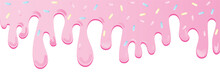 Pink Soft Ice Cream, Splashes Of Sweet Candies, Long Border, Seamless Banner Pattern, Vector White Background. 