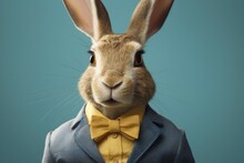 Anthropomorphic Bunny Dressed In A Suit Like A Businessman. Business Concept. AI Generated, Human Enhanced
